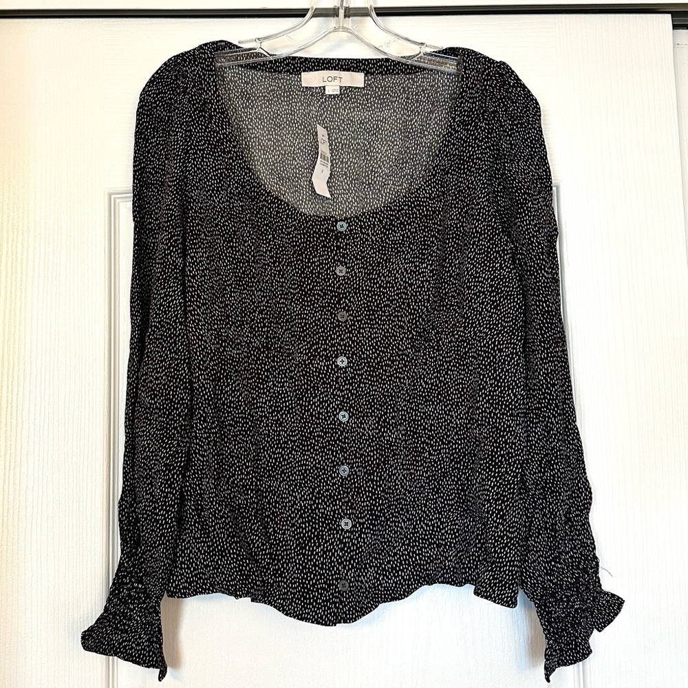 LOFT Black White Square Neck Dotted Blouse Size S NWT